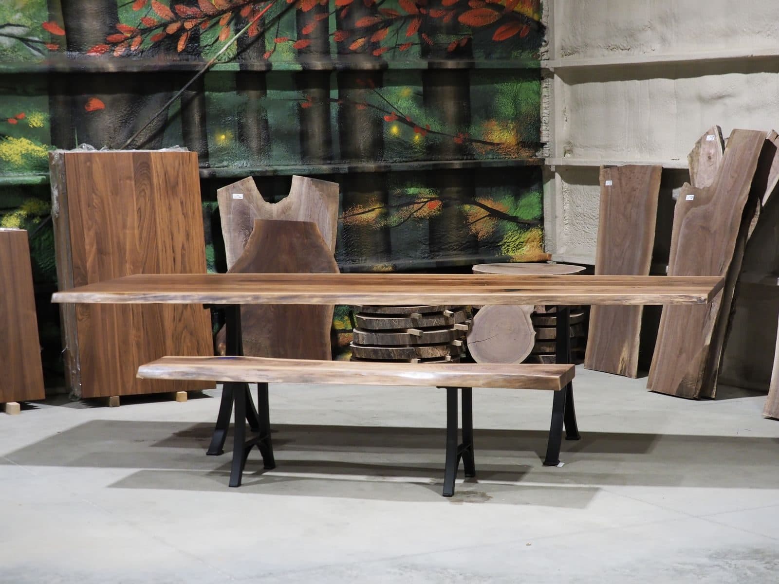 Live-edge walnut bench with hairpin legs